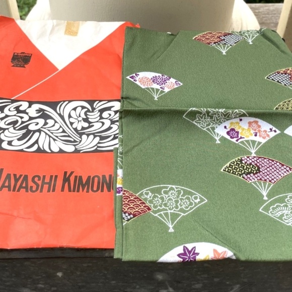 Hayashi Kimono Accessories - Japanese Vintage Green Hayashi Kimono Scarf w/ multicolor Fan design